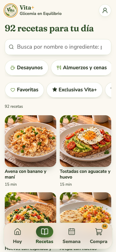 Captura real de Vita+: catálogo de recetas, buscador y categorías, con datos de demostración