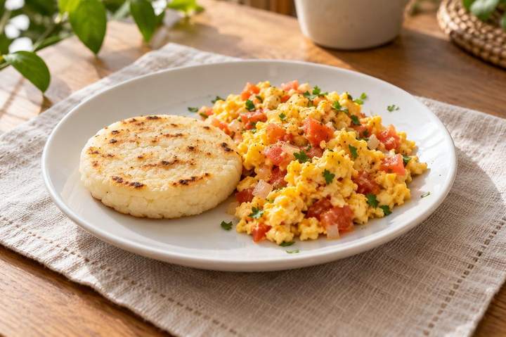Arepa con huevos pericos, fotografía del catálogo de Vita+